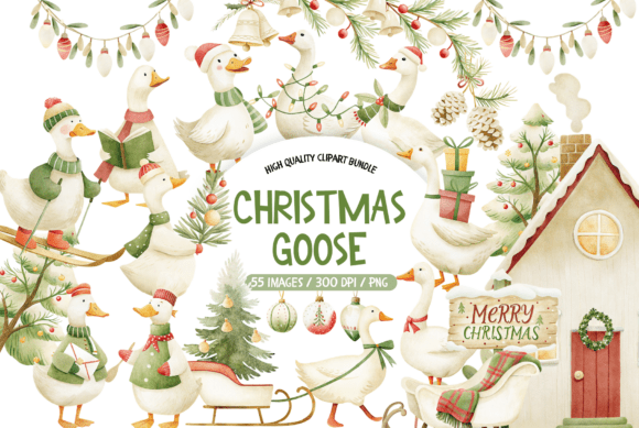 Christmas Goose Watercolor Clipart Set