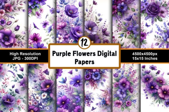 Purple Flowers Digital Paper Backgrounds