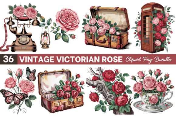 Vintage Victorian Rose Clipart Bundle and Clipart Sublimation Design